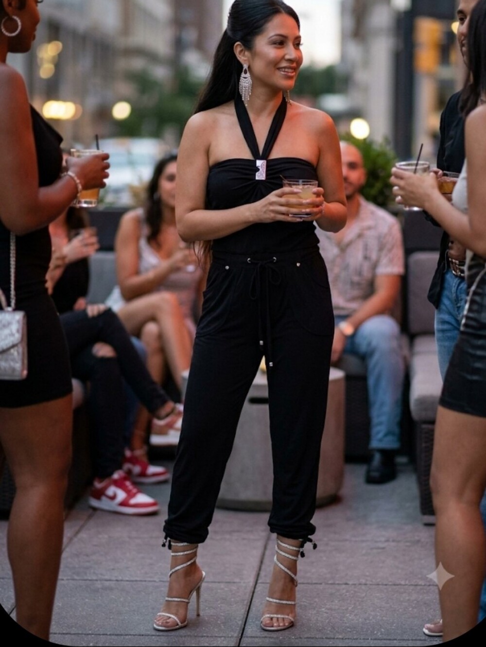 VNTG Y2K Apple Bottoms Black Halter Jumpsuit Romper Silver Logo Hardware Small